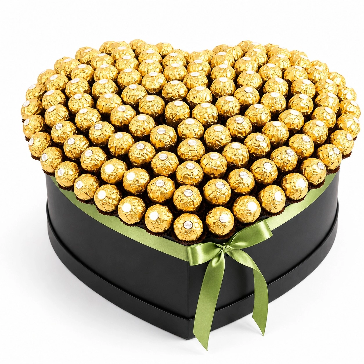 121 Ferrero Rocher chocolates arranged in a luxury heart-shaped black gift box